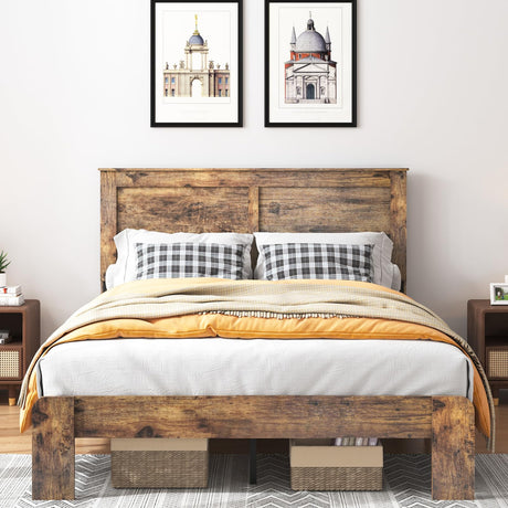 YHJIV Wood Full Bed Frame with Headboard, Rustic Platform Bed Frame with 12 Wood Slats Support, No Box Spring Needed (Vintage Brown, Full) YHJIV