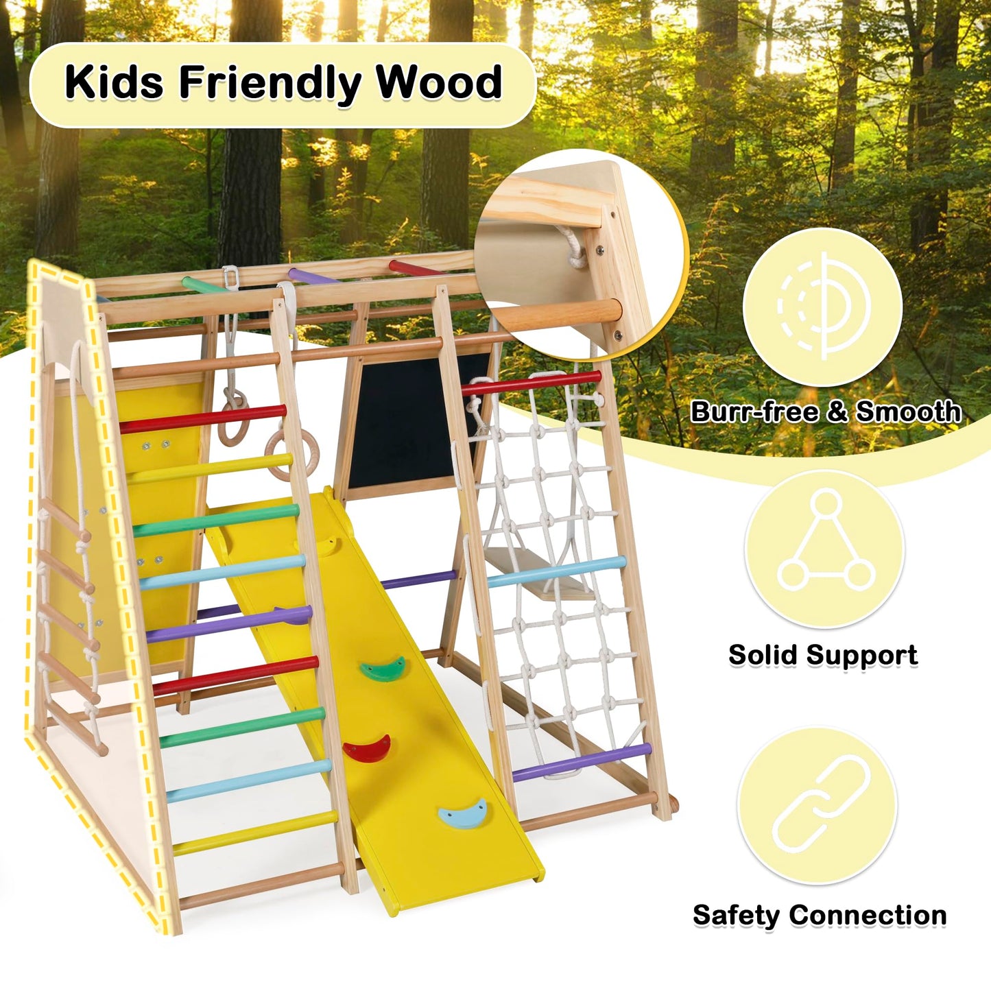 TODEFULL Indoor Jungle Gym for Kids, 10 in 1 Wooden Montessori Climbing Set with Swing Slide Climbing Net, Monkey Bar, Wood & Rope Ladder, Large Climbing Toys for Kids 3+, Rainbow