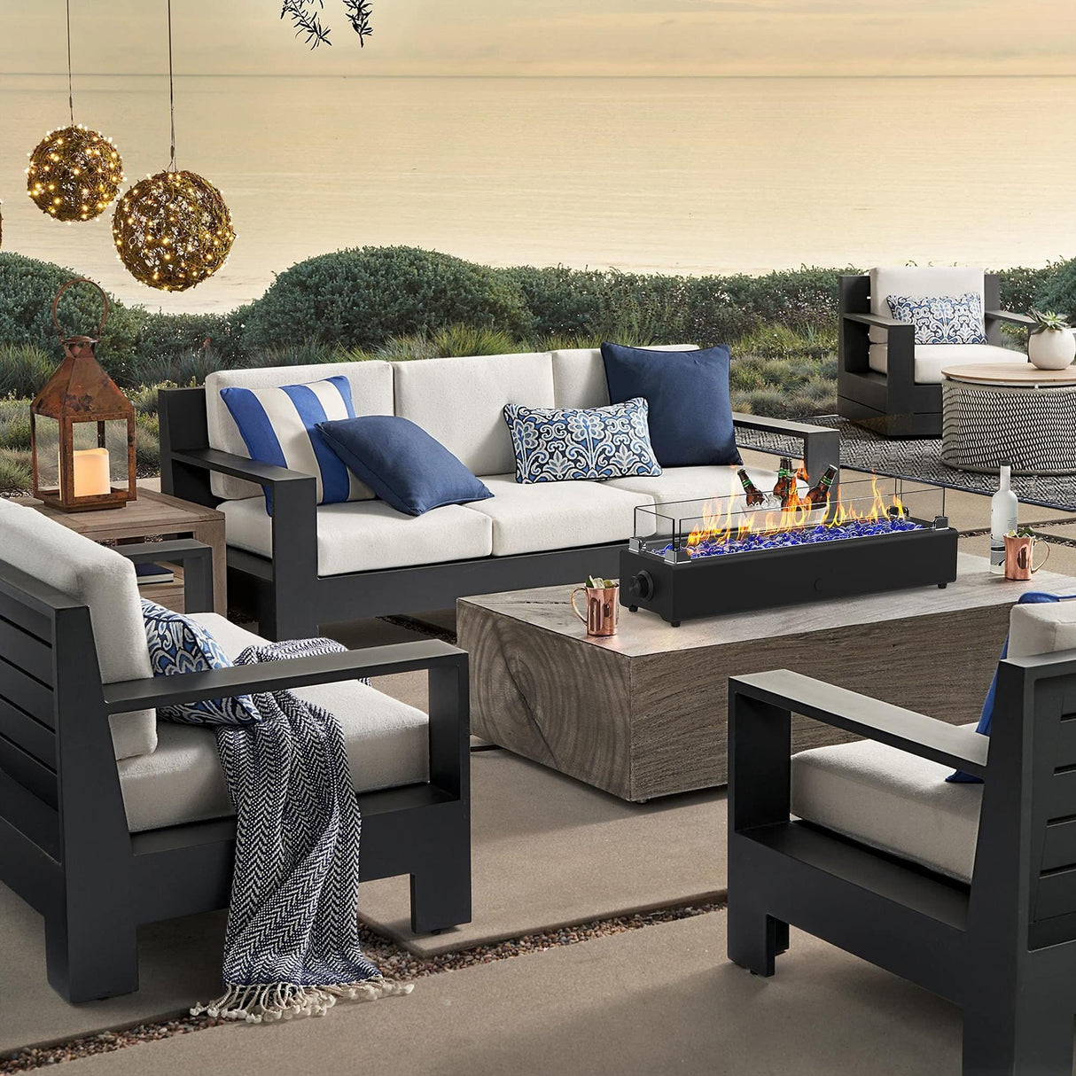 BAIDE HOME 28-inch Table Top Propane Fire Pit, 40,000 BTU Tabletop Firepit for Patio, Outdoor Portable Fireplace Rectangular Fire Bowl w/Wind Glass Shield, Glass Rocks - Black BAIDE HOME