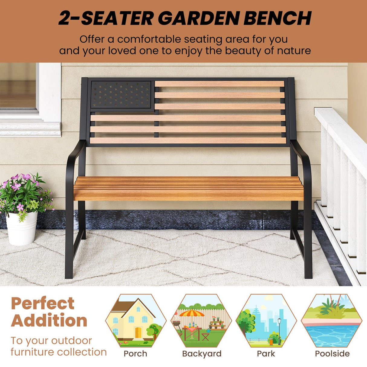 Tangkula 50” Patriotic Metal Garden Bench for 2 with Rustic Wood Finish and Ergonomic Design Tangkula
