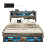 Albott Farmhouse King Size Bed Frame with Storage Bookcase Headboard and Footboard, Storage Wood Platform Bed Frame with Wood Slats Support, Noiseless LED Bed Frame, No Box Spring Needed, Gray Albott