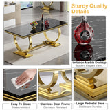 7-Piece Dining Table Set with 6 Grey Upholstered Chairs, 70" Black Gold Faux Marble Kitchen Table Set for 6, O-Shape Pedestal Dining Room Table Set for 6, Modern Dining Table Set for 6 Nimaolt