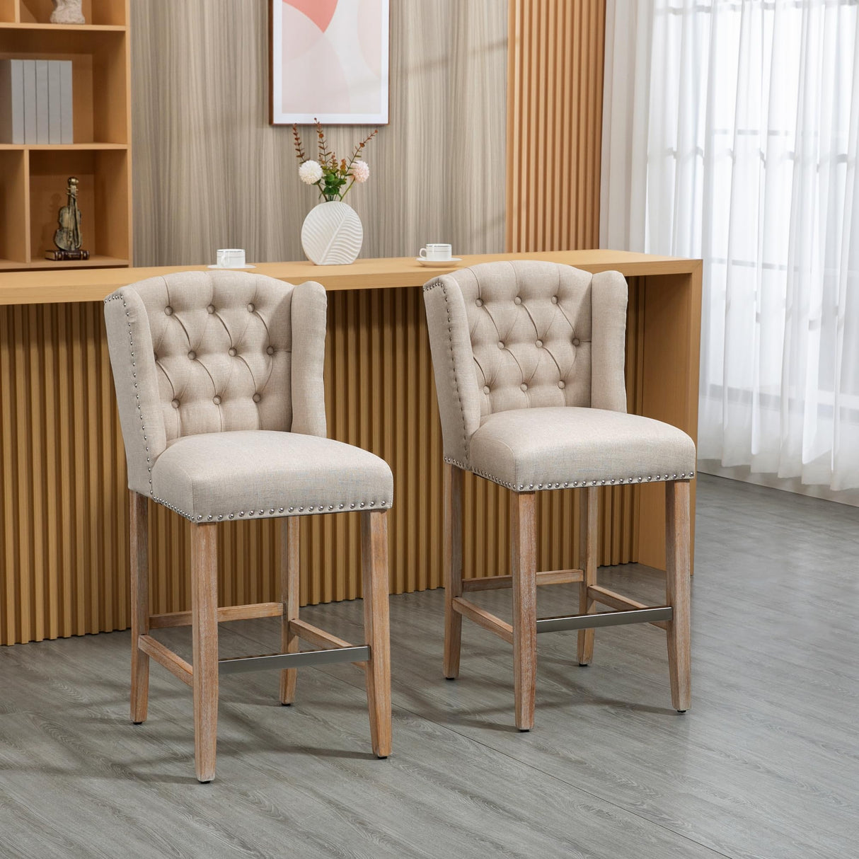 HOMCOM Counter Height Bar Stools Set of 2, 27" Seat Height Upholstered Barstools, Farmhouse Kitchen Island Stools with Nailhead-Trim, Tufted Back and Wooden Legs, Beige HOMCOM
