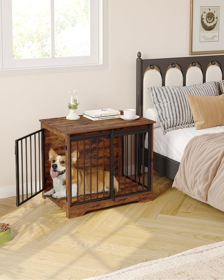 Hzuaneri Dog Crate Furniture, 32" Double Door Dog Crate with Barn Door, Dog Kennel Indoor, End Side Table Wooden Dog Crate for Small Medium Large Dog, Anti-Chew Anti-Escape, Rustic Brown DFC83601B Hzuaneri
