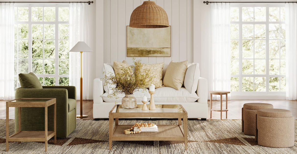 Nathan James Hayes Glass Top Coffee Table, Solid Wood Coffee Table with Glass Top and Rattan Bottom Shelf, Light Brown Nathan James