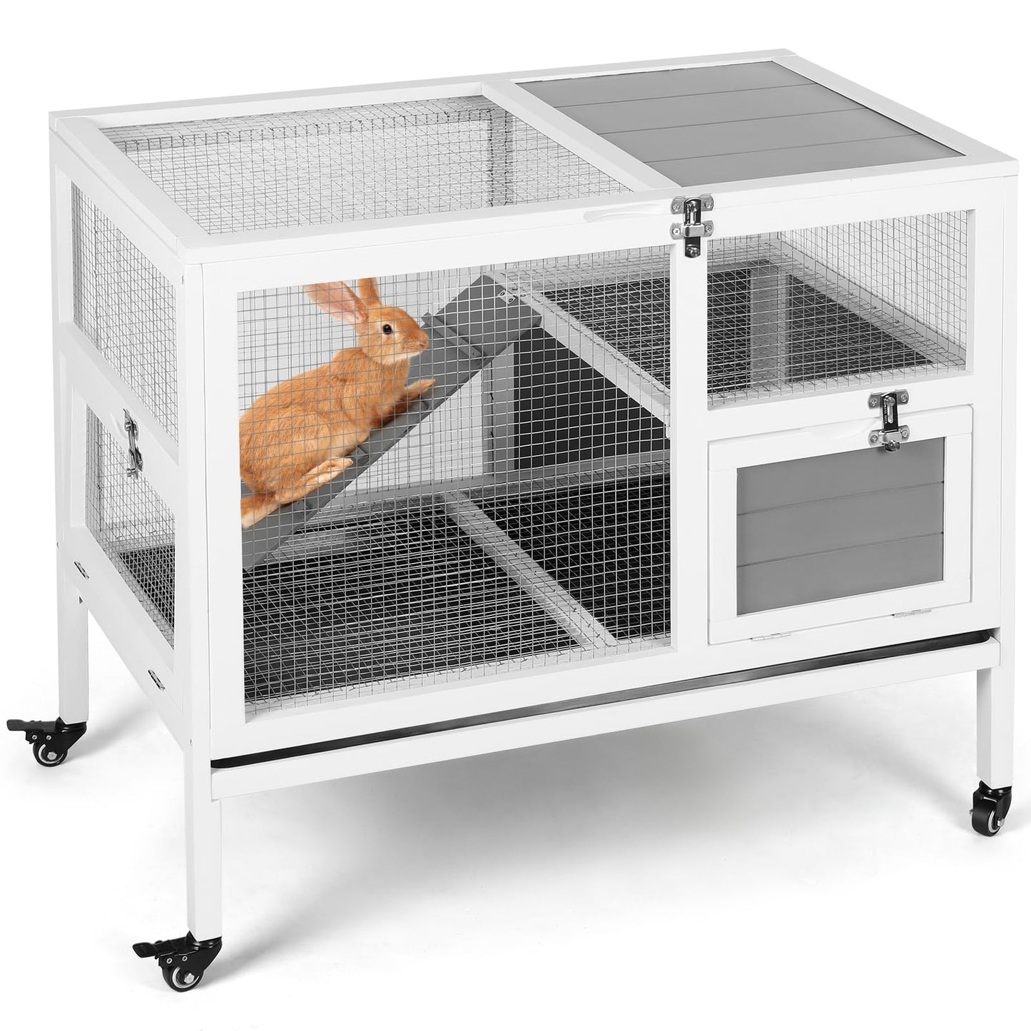 VOWNER 37” Rabbit Hutch Indoor, Wooden Bunny Cage with Casters, Wire Floor, No Leakage Pull Out Tray, High Bunny House for Rabbit, Guinea Pig, Hamster and Small Animals, White/Grey - WoodArtSupply