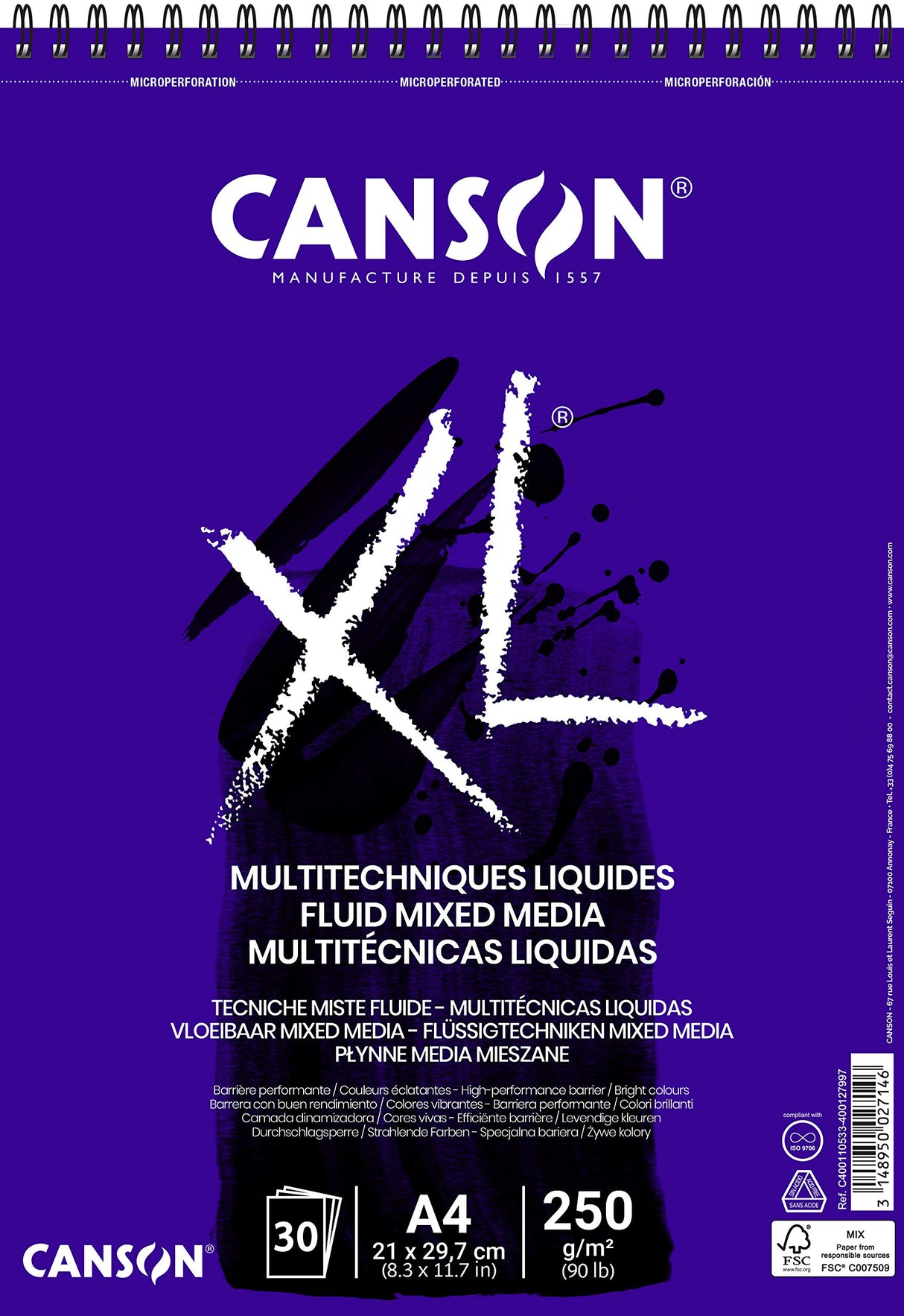 CANSON XL® Fluid Mixed Media Pad for Liquid Mixing Techniques, DIN A4, 30 Sheets, 250 g/m2 Canson