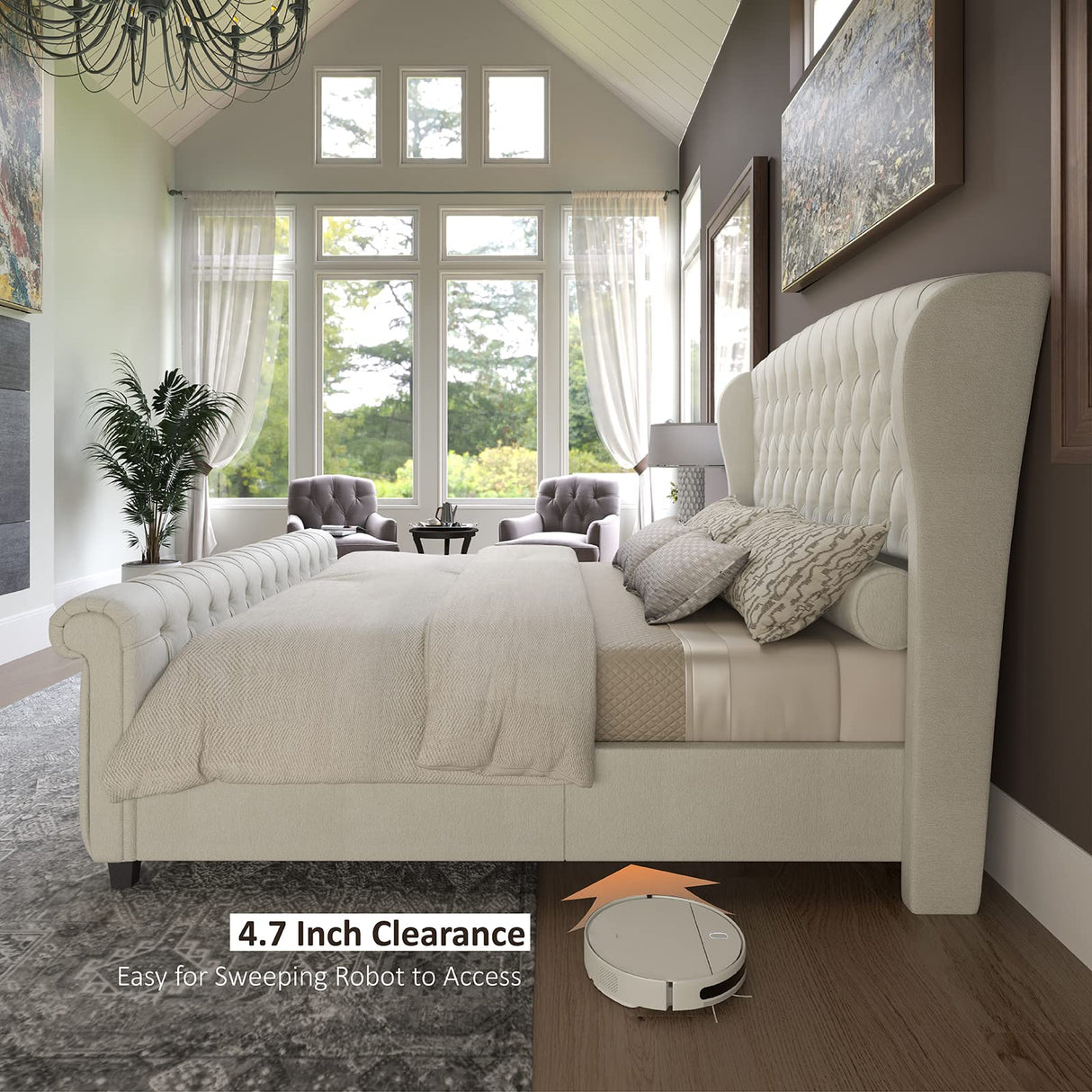 AMERLIFE Queen Size Platform Bed Frame, Chenille Upholstered Sleigh Bed with Scroll Wingback Headboard & Footboard/Button Tufted/No Box Spring Required/Cream AMERLIFE