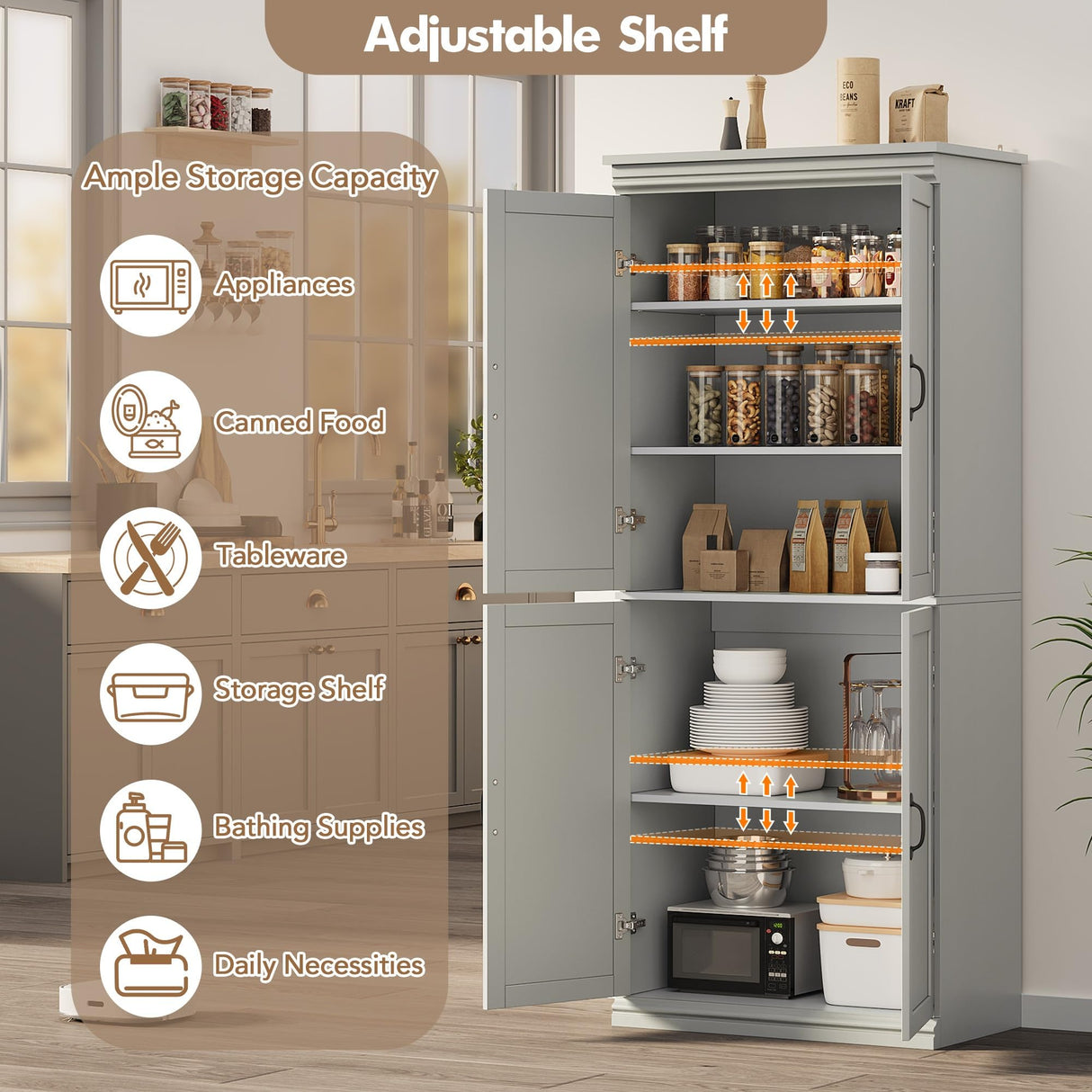 GarveeHome Pantry Cabinet, Freestanding Kitchen Pantry Storage Cabinet,70" Cupboard, Tall Storage Cabinet with Doors and Adjustable Shelves, for Bathroom, Dining Room, Living Room, Gray GarveeHome