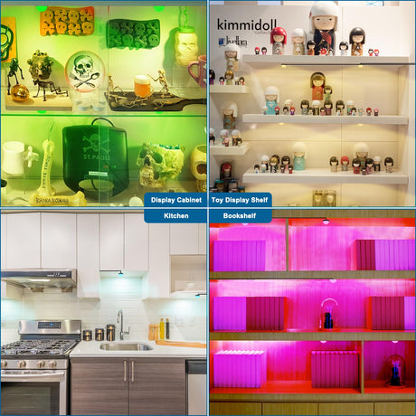 4 Pack RGB Shelf Lights, Wired Display Lights with Memory Function, Plug-in Bookshelf Lighting, Color Changing Under Shelf Lighting, RGB Puck Lights for Shelf/Cabinet/Display Case, Button Control JUSJUBR