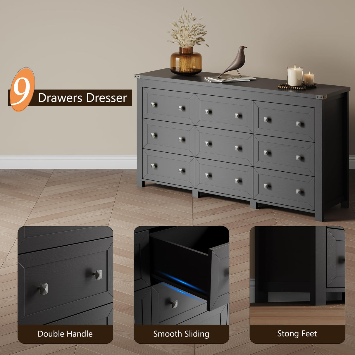 Dresser for Bedroom with 9 Drawers, Farmhouse Wood Chest of Drawers, Wide TV Stand Closet Storage Furniture with Metal Handle, Modern Clothes Organizer for Hallway, Living Room, Entryway, Black Xixini