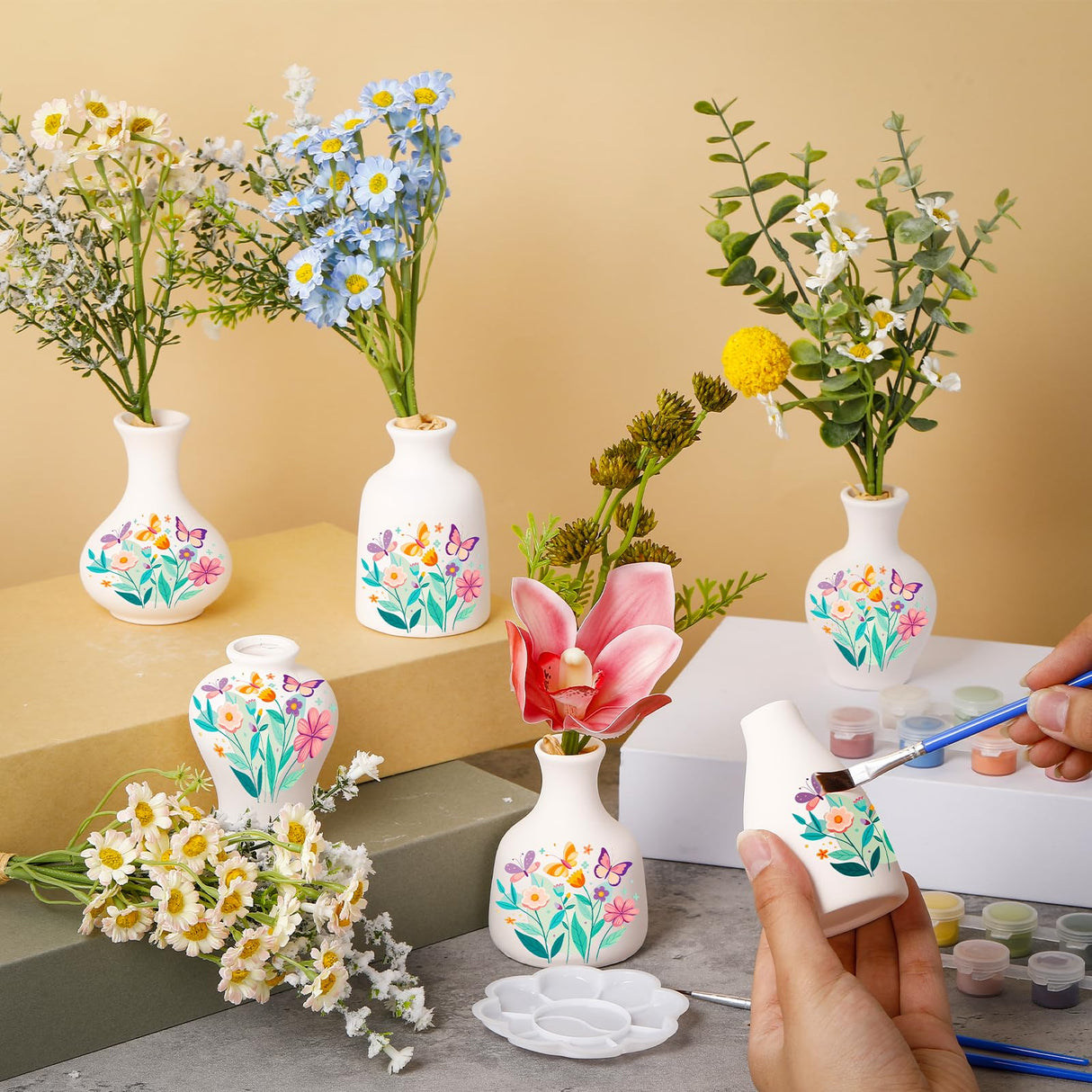 Fuyoooo 6 Sets Paint Your Own Vases Unpainted White Vases Ceramic Painting Kit for Adults with Paint Brushes, Underglaze Paints and Palettes for Birthday Party Activity Gift Art Supplies DIY Craft Fuyoooo