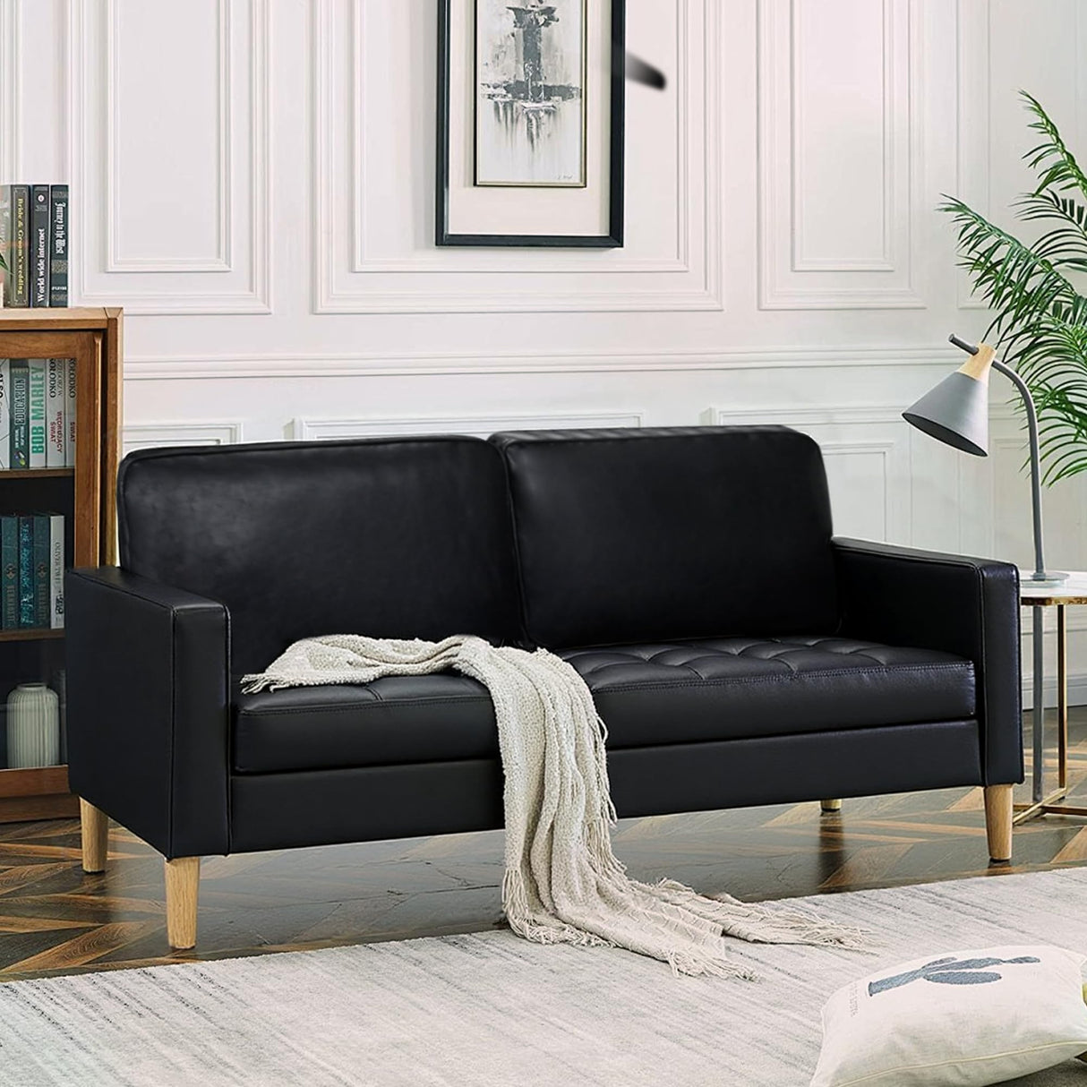 AILEEKISS 57'' Mid-Century Loveseat Faux Leather Sofa Couch with Armrest for Two People Modern 2 Seat Sofa for Living Room (2-Seater, Black) AILEEKISS