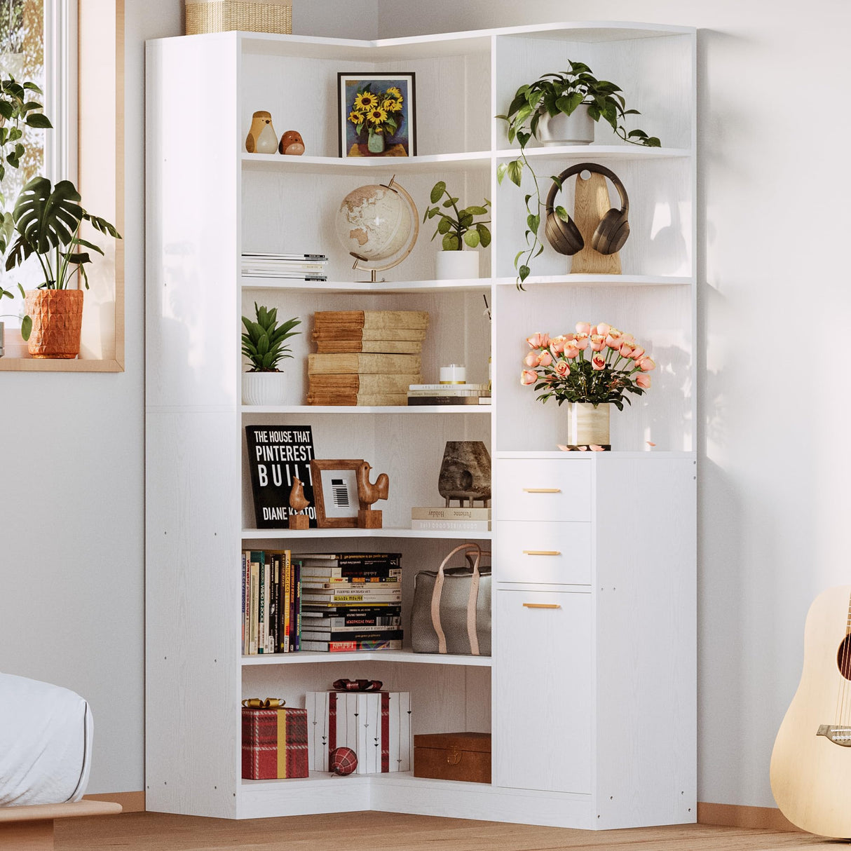 IRONCK Corner Bookshelf and Bookcase with 2 Drawer and 10 Open Shelves, 76.8" Height L Shaped Storage Shelf Corner Combination, for Living Room Home Office, Modern White IRONCK