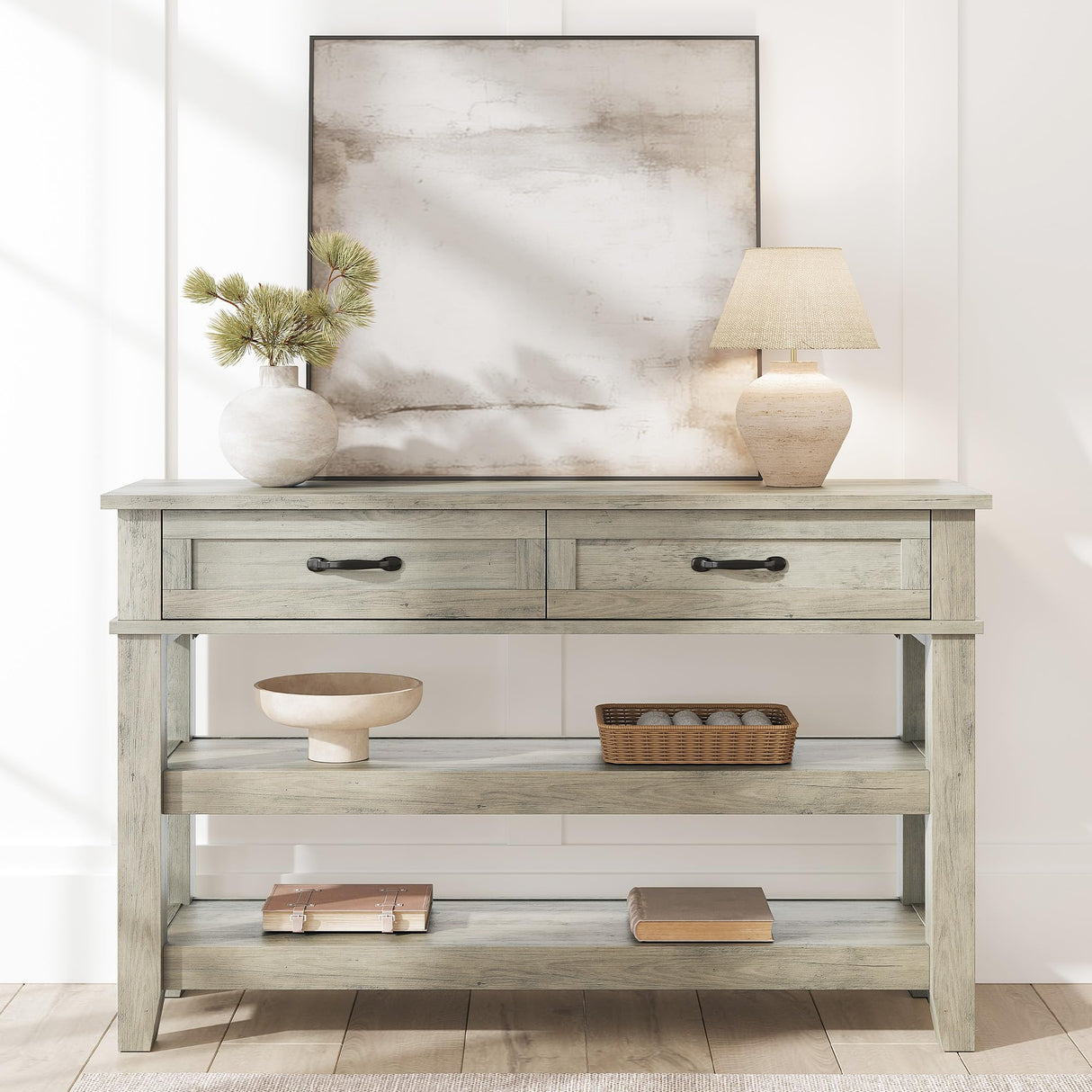 GarveeHome 47.2" Entryway Table, Console Table with 2 Storage Drawers, 3 Tier Farmhouse Wooden Sofa Table, Hallway Table for Entryway, Living Room-Grey GarveeHome