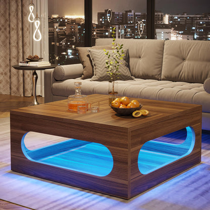 Tribesigns 43-Inch Coffee Table with LED Light, Square Coffee Table with Storage, Wood Cocktail Table, Farmhouse Center Table for Living Room Home Office, Brown - WoodArtSupply