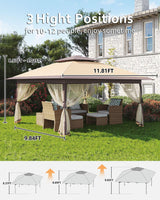 Garveelife Pop Up Gazebo 12x12，Canopy Tent with Mosquito Netting, One Push Setup for Backyard Patio Garden with 4 Sand Bags- Khaki Garveelife