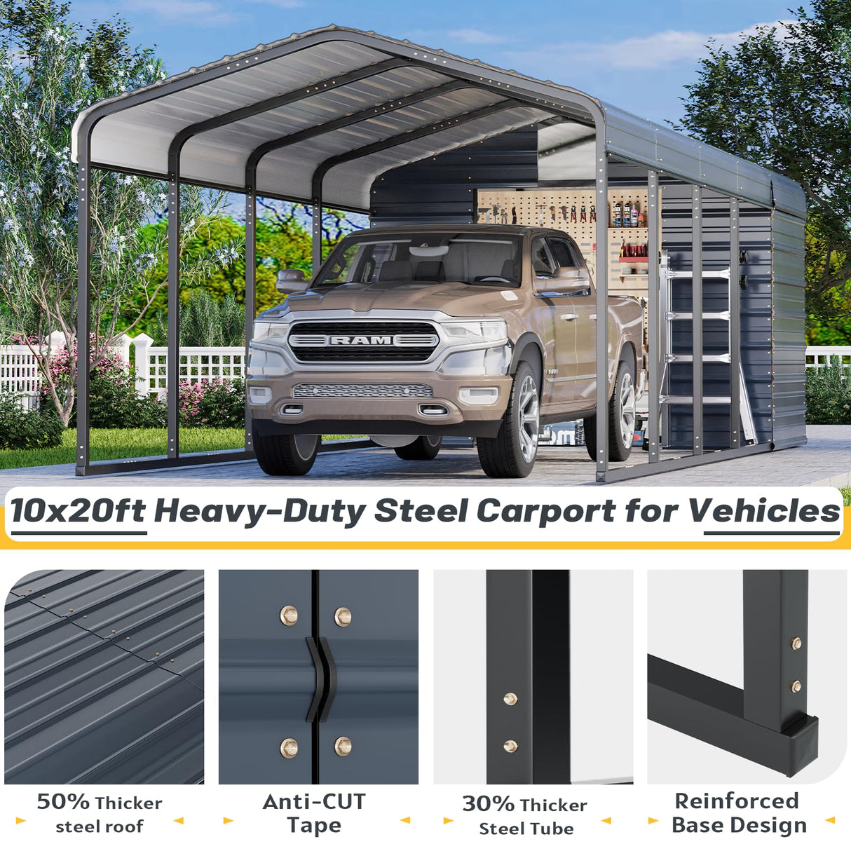 EROMMY 10x25 FT Carport Storage Shed 2-in-1, Heavy Duty Car Port with Galvanized Metal Frame, Base-Reinforced Enclosed Storage Shelter, Extended Coverage for Trucks, Cars & All Vehicles, Gray EROMMY