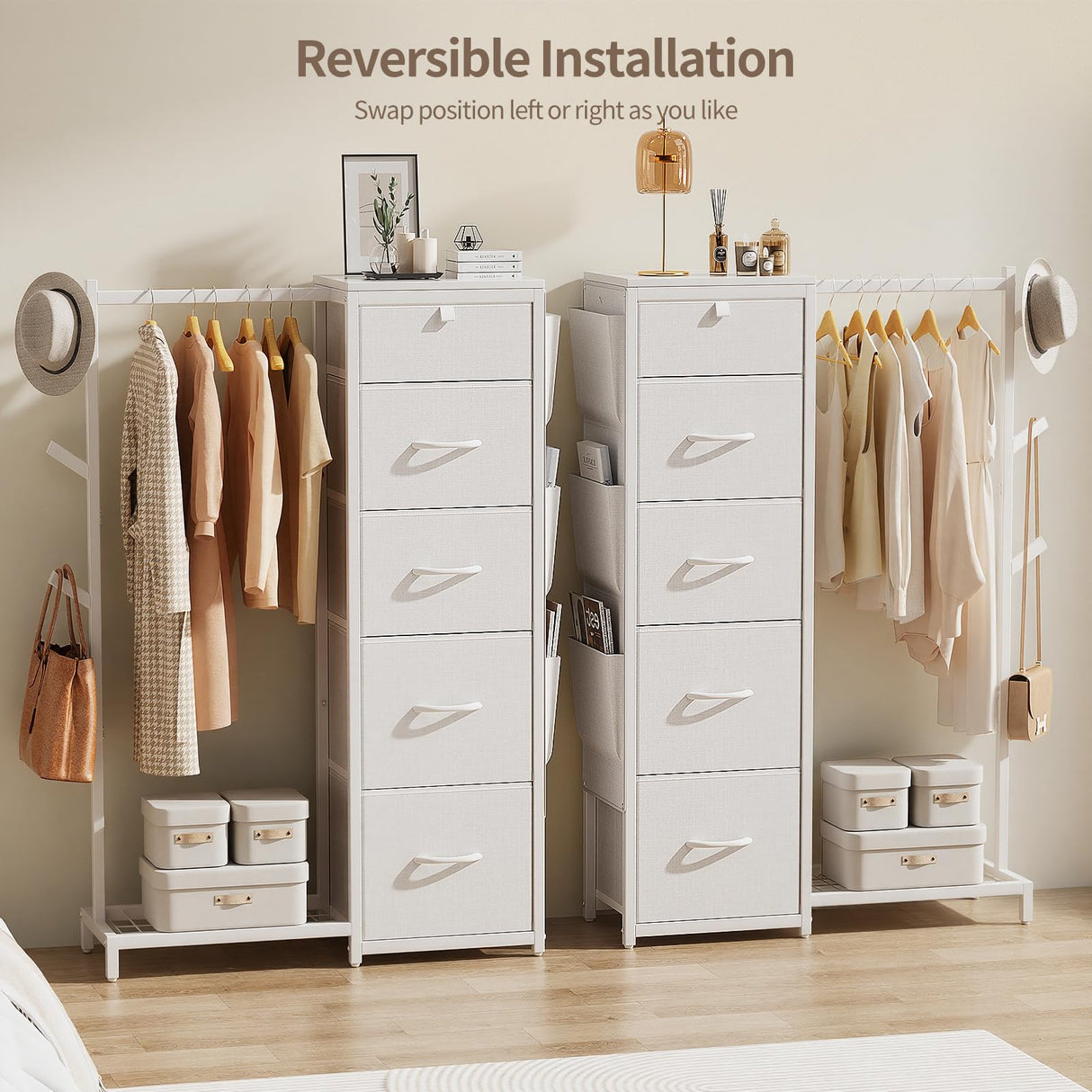 Luxspire Dresser with Hanging Rack, Reversible Dresser for Bedroom with 5 Fabric Drawers & 3 Coat Racks & Side Pockets Small Dressers with Clothes Racks, White Luxspire