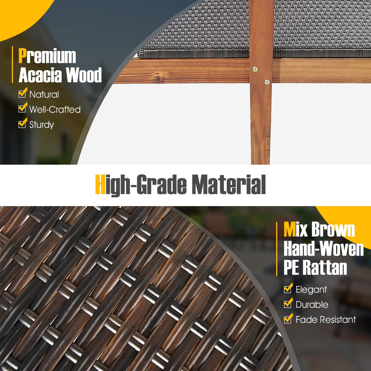 Tangkula 3 Piece Patio Chaise Lounge & Table Set, Outdoor Rattan Lounge Chair w/Folding Side Table, 4-Level Adjustable Backrest, Solid Acacia Wood Frame, Recliner & Table Set for Backyard (Mix Brown) Tangkula