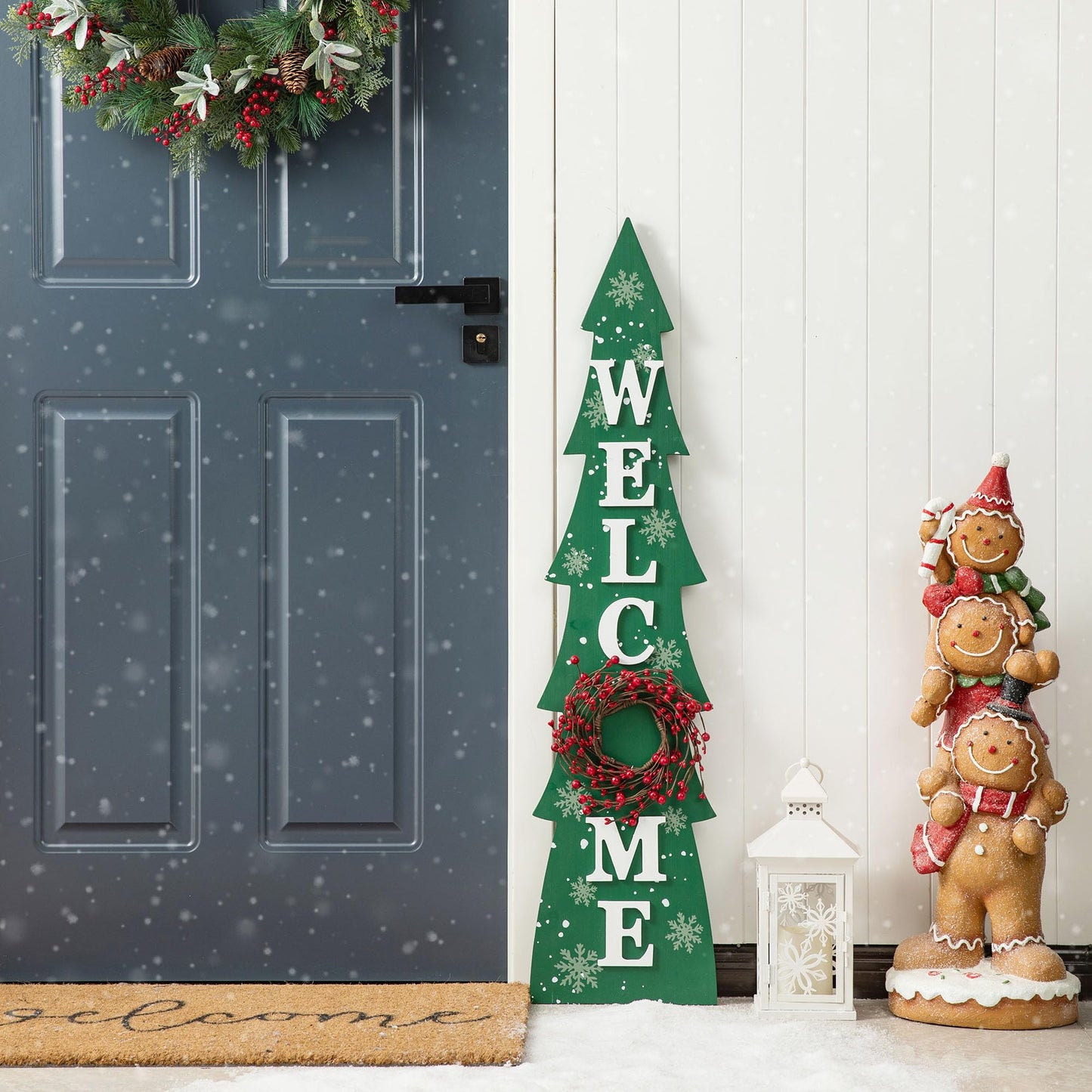 Glitzhome 42" H Wooden Welcome Christmas Tree Porch Sign with Berries Wreath Vertical Porch Sign in Xmas Tree Shape Farmhouse Hanging Sign Decorations for Front Door Wall Display