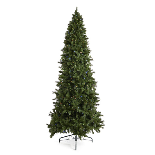 Home Heritage Cascade Quick Set 12 Foot Flocked Pine Pre-Lit Artificial Christmas Tree Holiday Decor with 800 Multi-Color LED Lights and Stand, Green