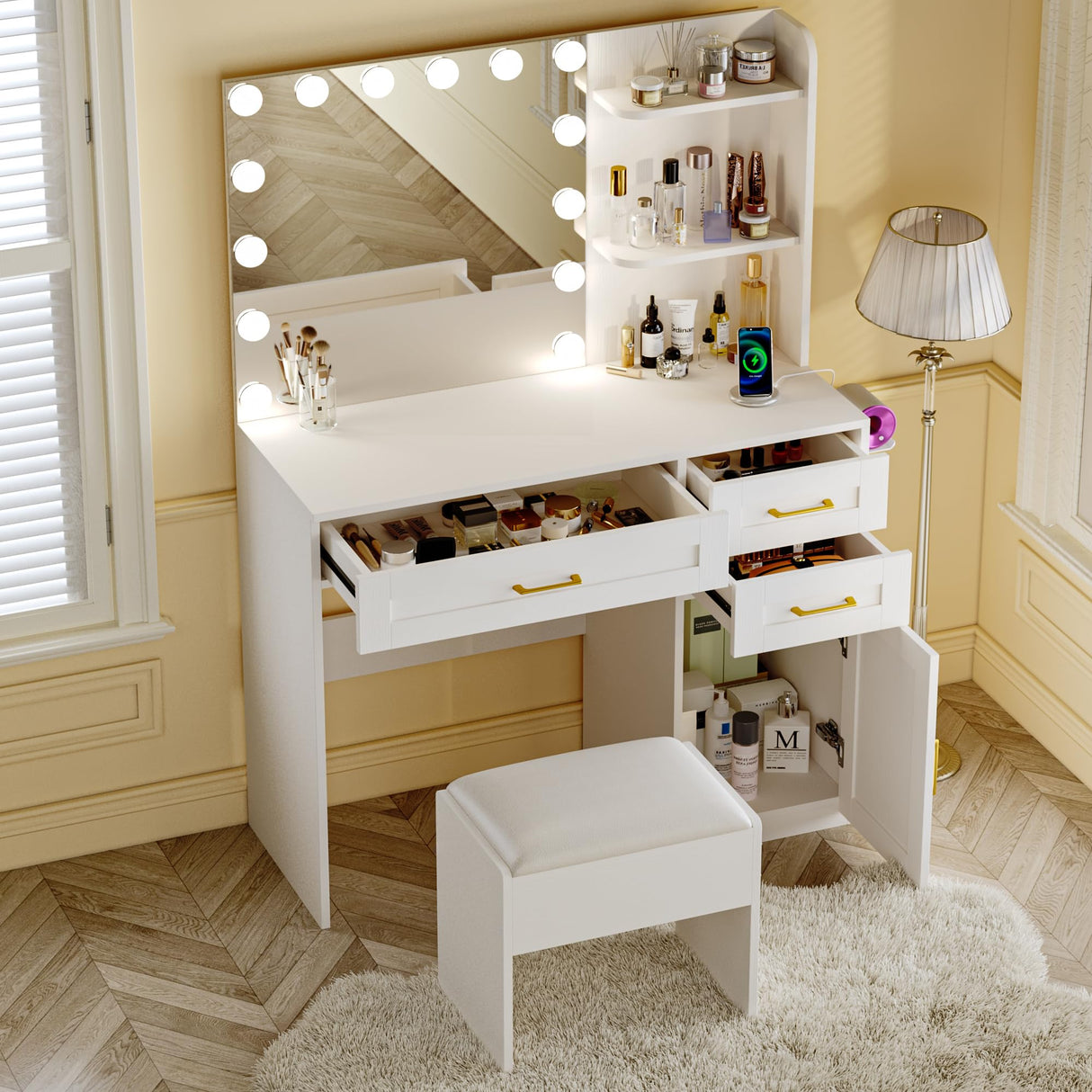 WXBOOM Vanity Desk with Mirror and Lights, 37" Makeup Vanity with Bulbs & Power Outlet, 3 Colors Lighting Adjustable Brightness, Dressing Table with Cushioned Chair and Cabinet, 3 Drawers, White WXBOOM