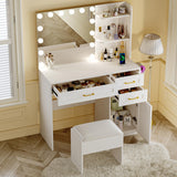 WXBOOM Vanity Desk with Mirror and Lights, 37" Makeup Vanity with Bulbs & Power Outlet, 3 Colors Lighting Adjustable Brightness, Dressing Table with Cushioned Chair and Cabinet, 3 Drawers, White WXBOOM