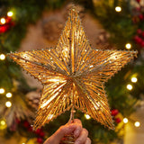 Christmas Star Tree Topper, Plug in 3D Star Tree Topper, 11”Golden Glittered Metal Hollow Designed Built-in 10 Bulbs String Lights for Christmas Tree Decorations Brightown