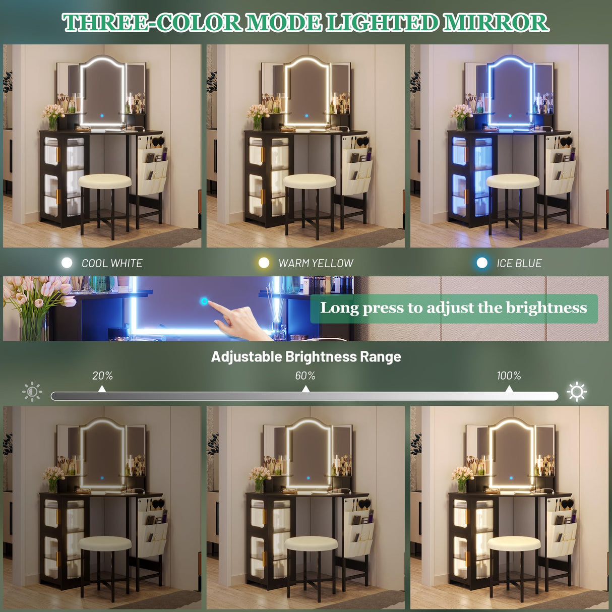 LVSOMT Corner Vanity Desk with Mirror and Lights, Makeup Vanity with Charging Station, Dressing Table with 3 Lighting Options, Vanity Set with Stool, Women’s Vanity for Bedroom, Black LVSOMT