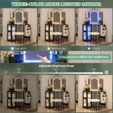 LVSOMT Corner Vanity Desk with Mirror and Lights, Makeup Vanity with Charging Station, Dressing Table with 3 Lighting Options, Vanity Set with Stool, Women’s Vanity for Bedroom, Black LVSOMT