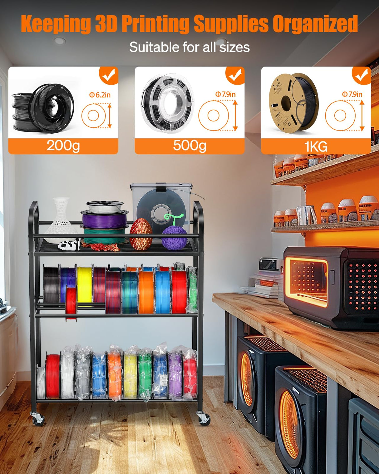 AHOWPD 3D Printer Filament Storage Rack- Rolling Filament Spool Holders Racks with Wheels, Heavy Duty Metal Shelf for PLA/ABS/TPU/Nylon, Filaments Organzied for 3D Printing Studio, Office Workshop AHOWPD