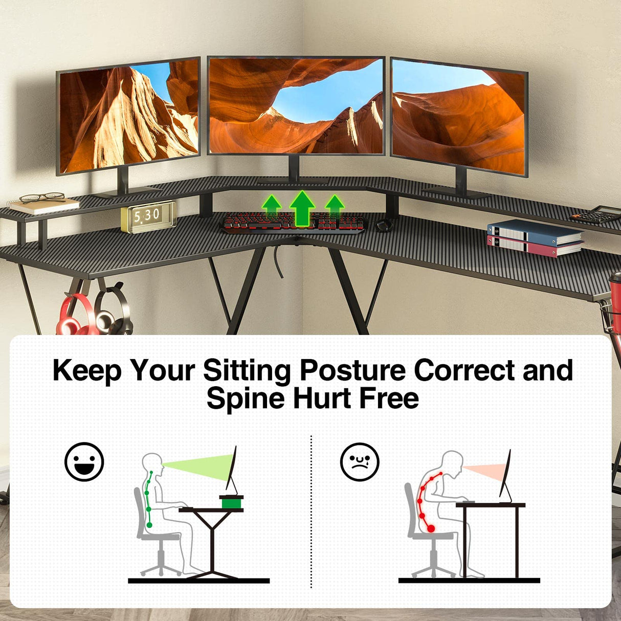 SEVEN WARRIOR L Shaped Gaming Desk with LED Lights & Power Outlets, 58” Computer Desk with Monitor Stand & Carbon Fiber Surface, Corner Desk with Cup Holder, Gaming Table with Hooks, Black SEVEN WARRIOR