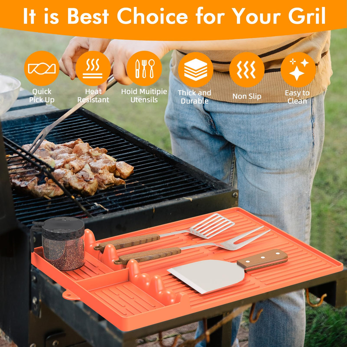 Griddle Mat Compatible with Blackstone, Silicone Grill Tools Mat with Drip Pad, Spatula Mat for Outdoor Grill, Side Shelf Mat Grill Pad (Orange) Bolycen
