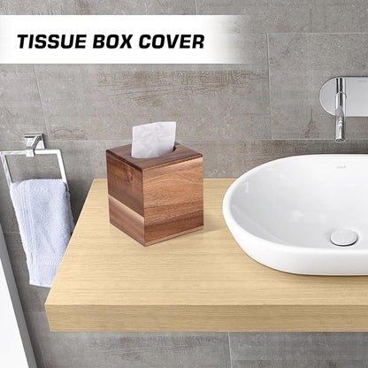 KYDIFS Tissue Box Cover Square, Acacia Wood Tissue Box Holder with Slide-Out Bottom, Wooden Tissue Box Cover Cube for Bathroom, Bedroom, Dinner Table, Office,Kitchen(Square)