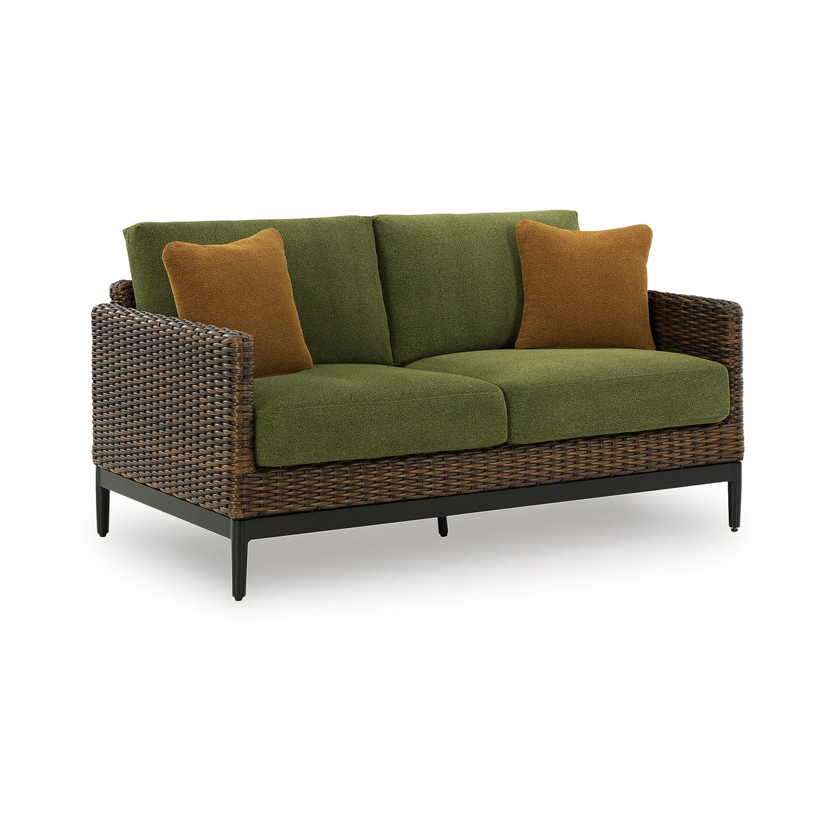 Signature Design by Ashley Horizon Hall Vintage Outdoor Weather Resistant Resin Wicker Loveseat with Cushion and 2 Accent Pillows, Green & Dark Brown Signature Design by Ashley