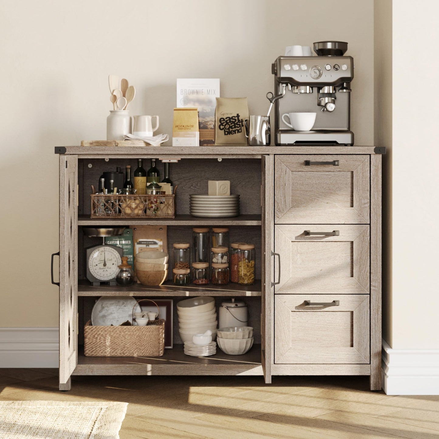 LINSY HOME Farmhouse Sideboard Buffet Cabinets, 43" W Coffee Bar Storage Cabinets with 3 Drawers and 2 Doors, Rustic Accent Cabinet for Dining Room, Kitchen, Home Bar and Living Room, Light G - WoodArtSupply