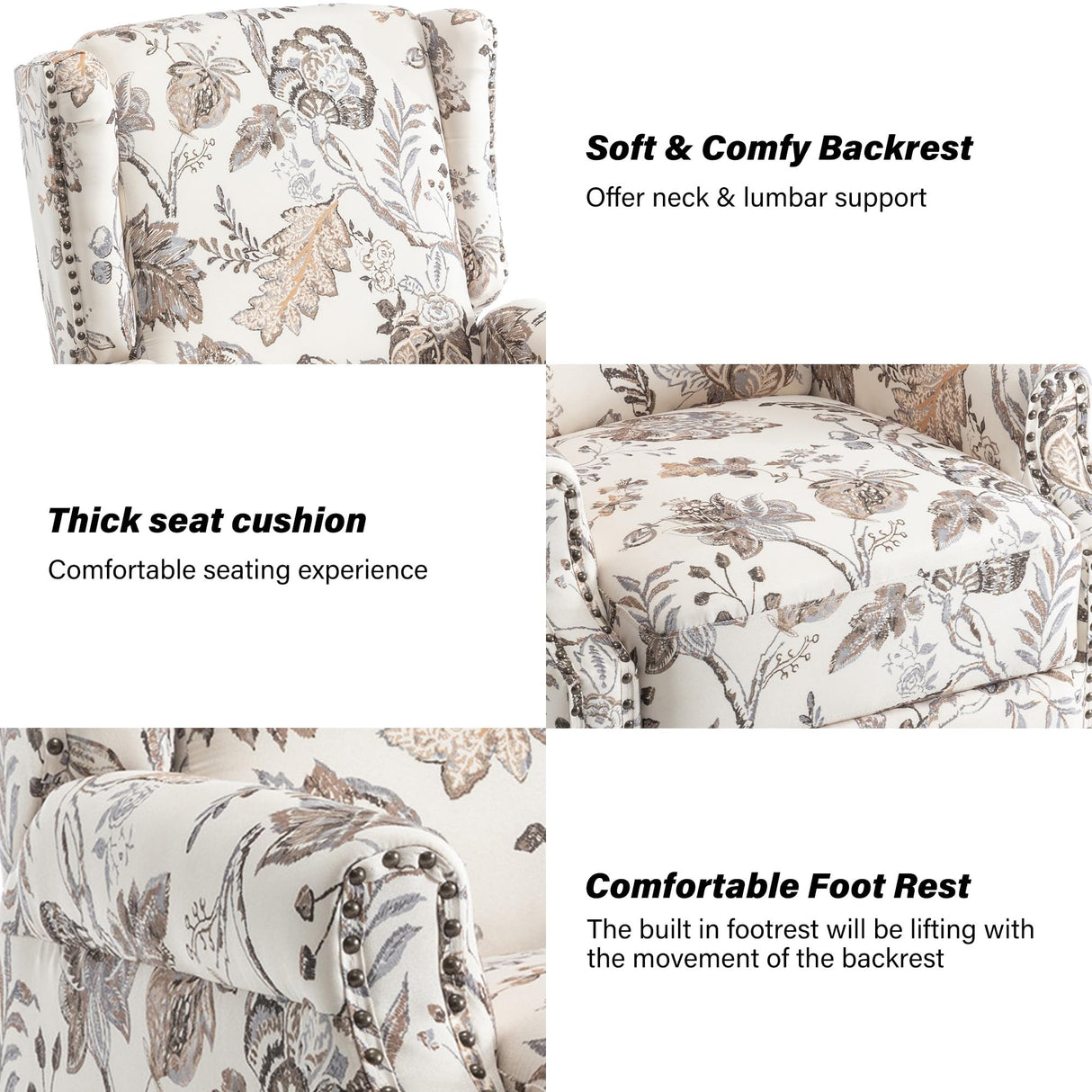 Pushback Recliner Chair Set of 2, Floral Fabric Wingback Recliner Chair, Upholstered Armchair Push Back Recliner, Rivet Trim Single Sofa Accent Chair with Wood Legs for Living Room, Plants Beige Lumibee