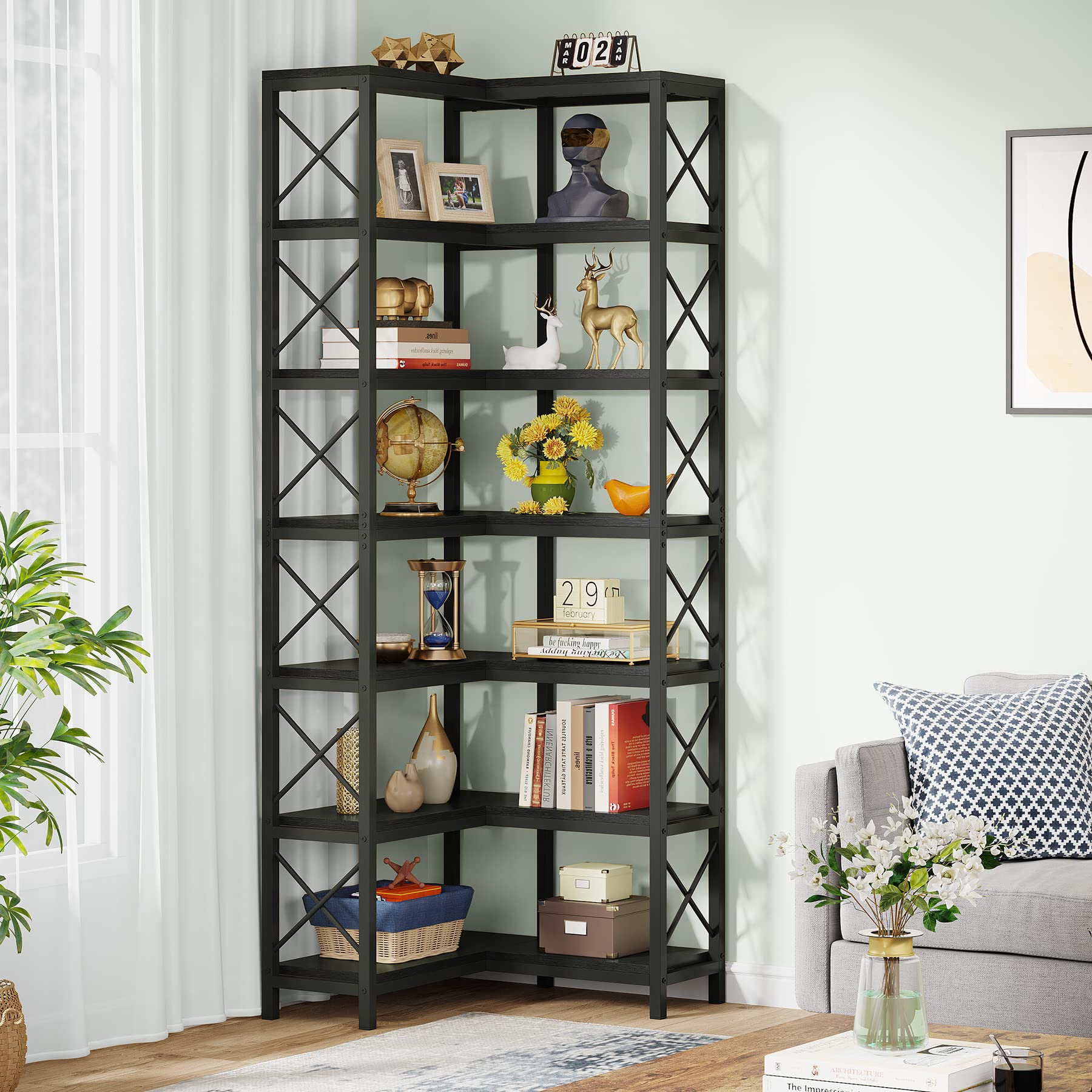 Tribesigns Modern 7-Shelf Corner Bookshelf with Metal Frame in Black - WoodArtSupply