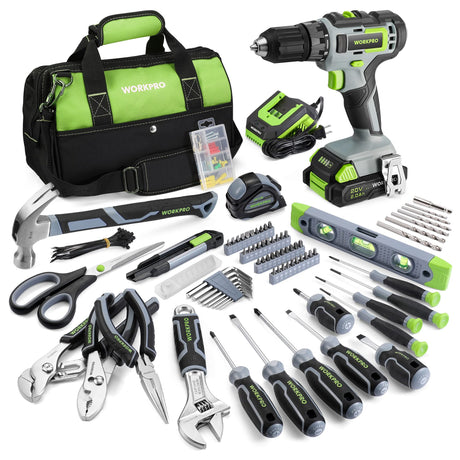 WORKPRO Home Tool Set with Power Drill, 157PCS Power Drill Sets with 20V Cordless Lithium-ion Drill Driver, Home Tool Kit for All Purpose, Cordless Drill Set Combo Kit With Tool Bag WORKPRO
