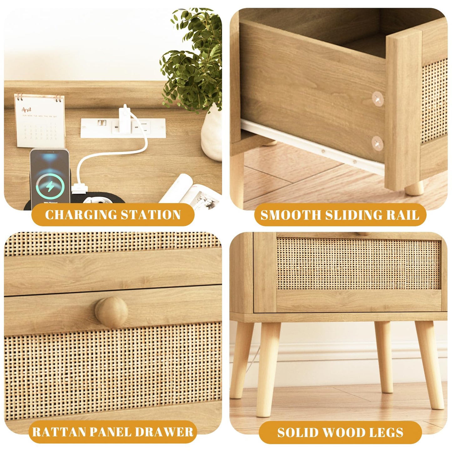 HUANLEGO Rattan Nightstand with Charging Station Set of 2, Rattan Boho End Table with 2 Drawers Bedroom Bedside Side Tables Natural Night Stand for Living Room,Bedroom,Dorm Room Essentials