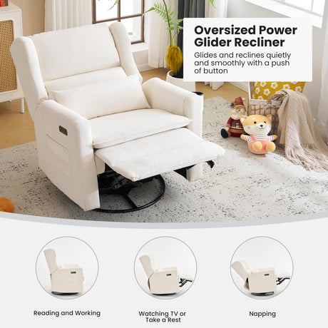RUTOX Oversized Swivel Rocker Recliner with Adjustable Headrest, 26" Extra Wide Glider Recliner Nursery Chair with Double Cushion, Chenille Glider Rocking Chair for Living Room,Cup Holder,White RUTOX