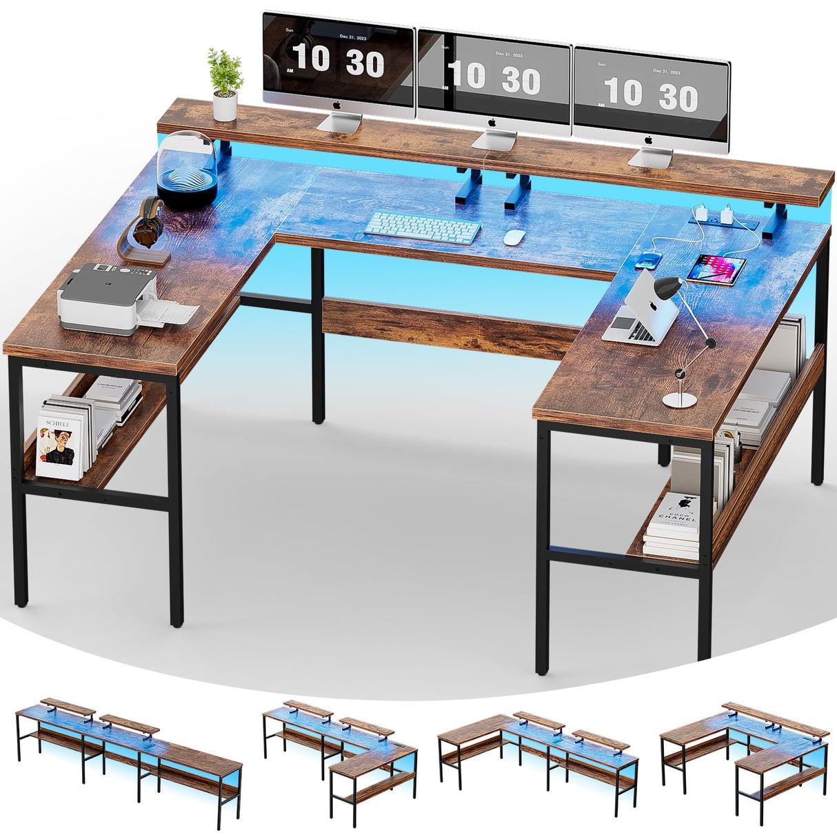 iSunirm U Shaped Office Desk, Customizable L Shaped Computer Desk with Adjustable Monitor Stand & Power Outlets & LED Strip Light, Sturdy Reversible Gaming Desk with Storage Shelves, Rustic Brown iSunirm