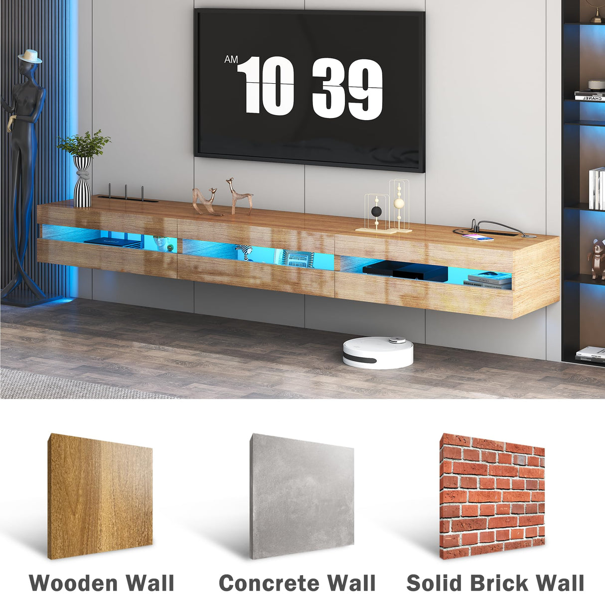 ANTISTA Floating TV Stand | 94.5'' Long Wall Mounted TV Shelf with Power Outlet, Modern Wooden Entertainment Center Media Console with Storage, High Gloss Large TV Cabinet, Up to 100 Inch TVS ANTISTA
