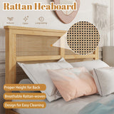 MoproBeti Full Bed Frame with Rattan Headboard,Rubber Wooden Boho Bed Frames with 2 Storage Drawers and Support Legs,No Box Spring Needed, White Oak MoproBeti