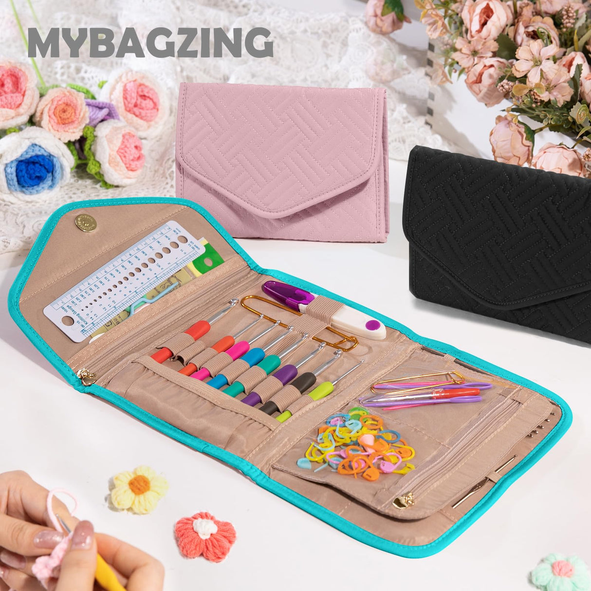 MYBAGZING Crochet Hook Case Empty - Foldable Crochet Hook Organizer - Crochet Hook Holder for Knitting & Crochet Supplies - Knitting Accessories, Teal MYBAGZING