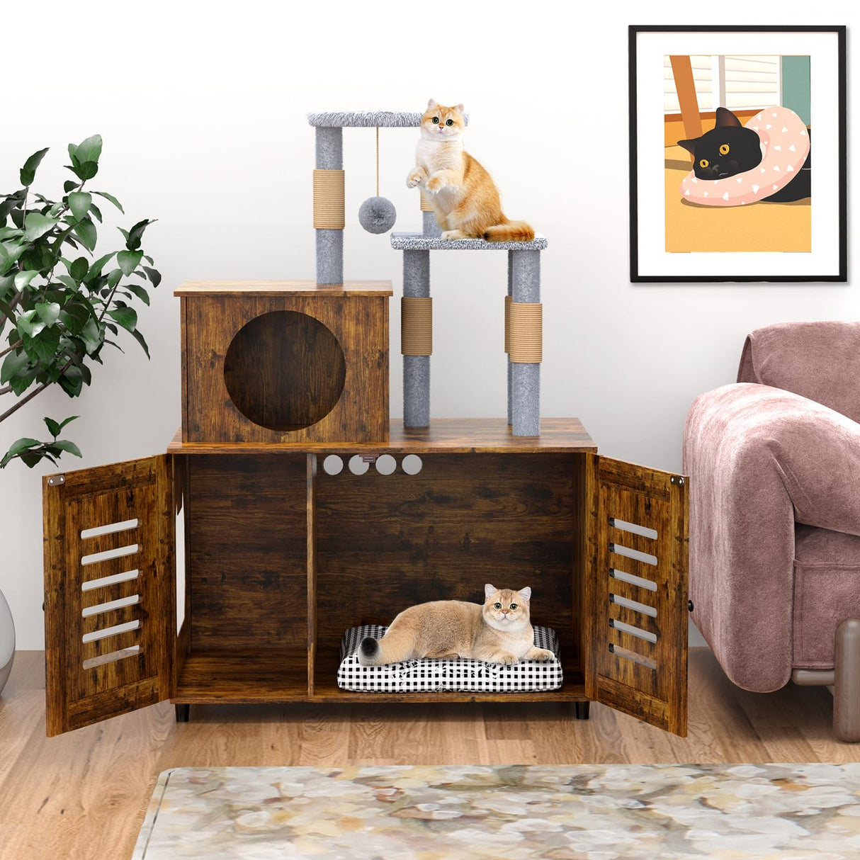 Cat Tree with Litter Box Enclosure, Cat Litter Box Enclosure with Scratching Post and Soft Plush Perch, Hidden Cat Washroom Furniture with Divider, All-in-one Cat Cabinet, Rustic Brown Ryvorbe