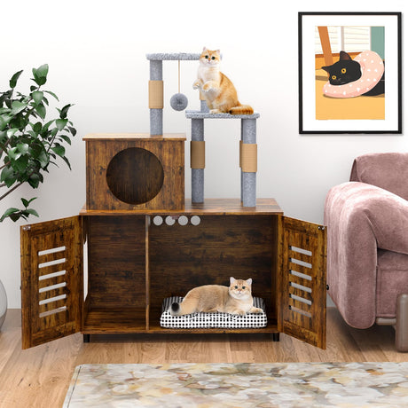 Cat Tree with Litter Box Enclosure, Cat Litter Box Enclosure with Scratching Post and Soft Plush Perch, Hidden Cat Washroom Furniture with Divider, All-in-one Cat Cabinet, Rustic Brown Ryvorbe