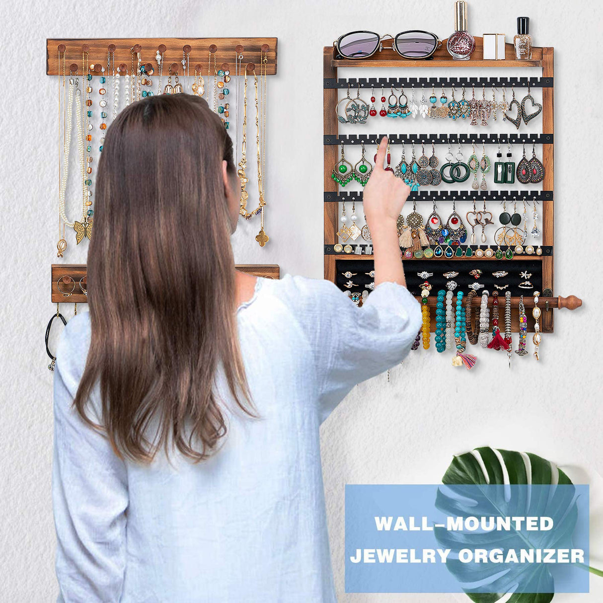 QILICHZ 3Pcs Jewelry Organizers and Storage,Wood Hanging Jewelry Organizer,Rustic Wall Jewellery Organizer,Wall Mounted Earring Holder Organizers for Storage Display Gift (Brown+Black) QILICHZ