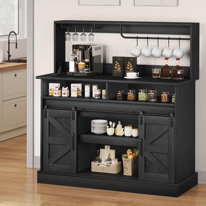 YITAHOME 47" Farmhouse Buffet Cabinets with Sliding Barn Door, Coffee Bar with Goblet Holder & Power Outlet, Sideboard Buffet Cabinets with Storage for Kitchen, Living Room (Black Oak)